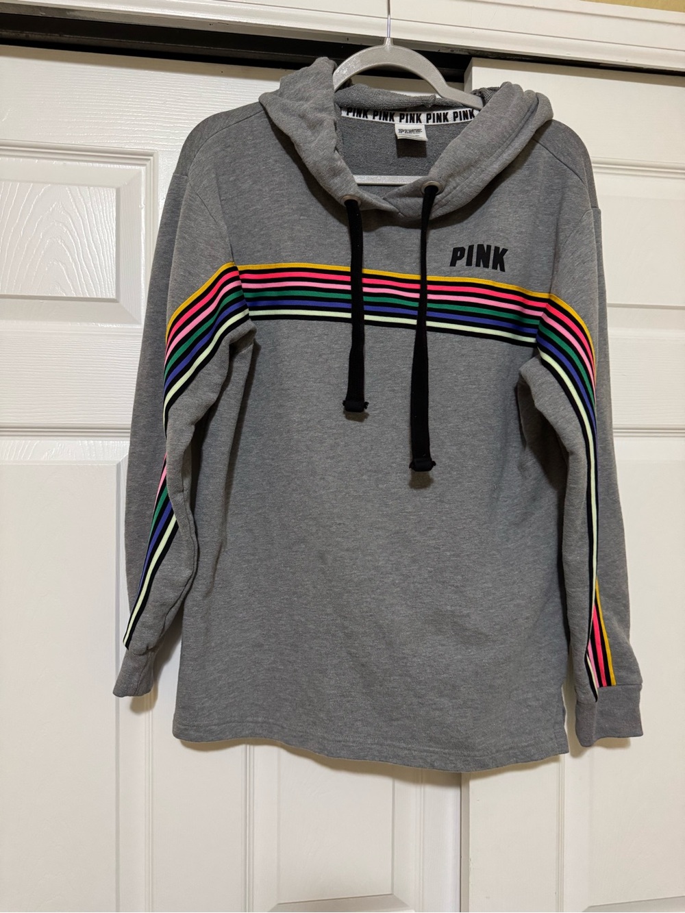 Victoria's Secret PINK Gray Hoodie with Multicolor Stripes
